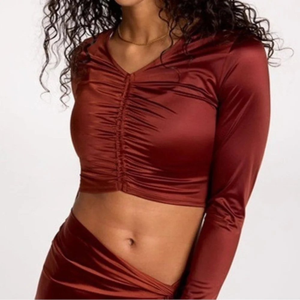 CALIA Women's Long Sleeve Ruched Swim Rash Guard Rust Lycra Shirt UPF 50 Brown